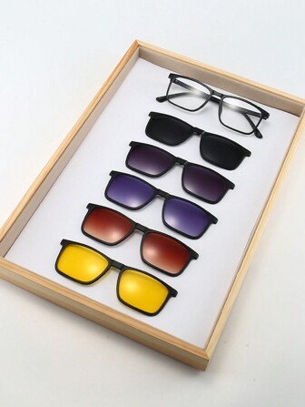 5packs Men Black Plastic Full-Frame Square Magnetic-Adsorption Fashionable Outdoor Eyewear Glasses With Differentiated Styles Beach Accessories Glasses Shades For Summer Beach Vacation,Outdoor,Travel