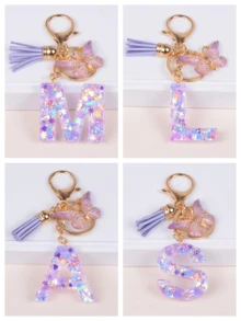 1pc Unique Purple Butterfly Tassel Snowflake Glitter Keychain With First Letter Charm, Summer Cool Gift For Friends - Mauve Purple - View 1