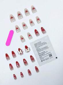 Valentine's Day 24pcs/Set Mid-Length Almond Shape 3d Bowknot Pearl & Rhinestone Decor Gradual Red Heart Fake Nail Tips Set For Nail Art Press On Nails Nail Supplies