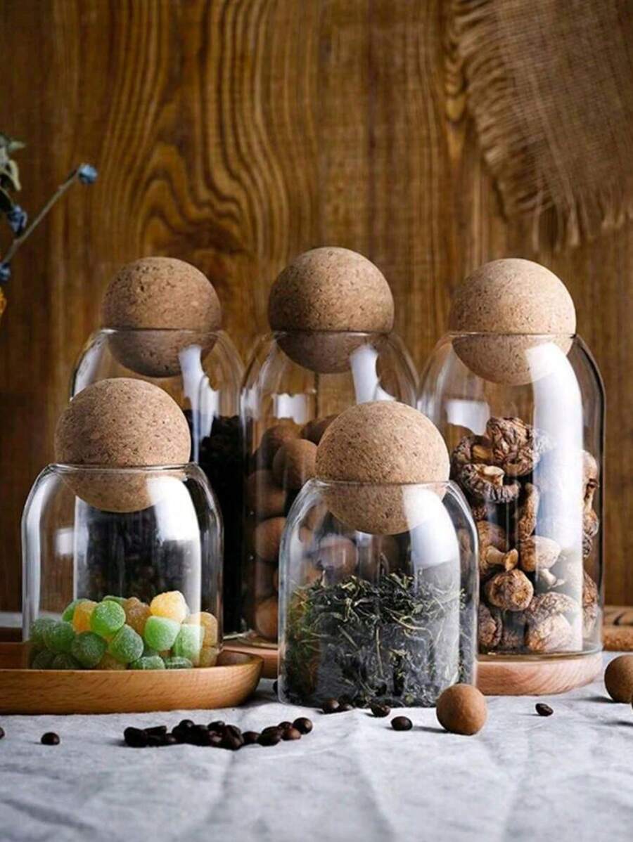 玻璃密封罐，適用於咖啡豆和乾果的廚房儲物罐，帶軟木蓋 - 無色 - 查看 1