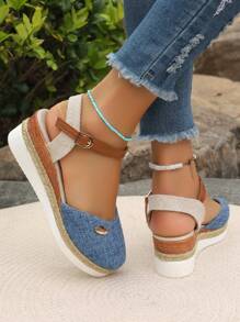 Giày sandal đế xuồng kiểu La Mã kín mũi dệt họa tiết Bohemian, kiểu dáng mới cho mùa Xuân/Hè 2026, chất liệu rơm, có khóa cài, dành cho nữ. - Màu xanh lam - Xem 5