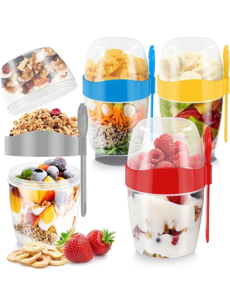 1Pc Breakfast Cups, Yogurt Cups With LIDS And Spoons, Reusable Resealable Cups For Oats, Oatmeal, Granola, Fruit Snacks And Meal Preparation - Multicolor - View 1