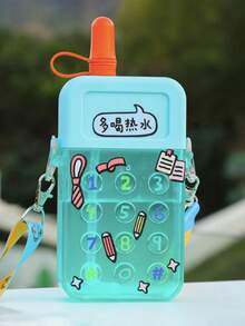 Cantimplora en Forma de Celular, Hermoso Recipiente para Bebidas Niñas y Niños con Stickers para Decorar, Popote Reutilizable, Correa. Ideal para Paseos o Salidas Escolares, Bonito Regalo. - Azul - Ver 3