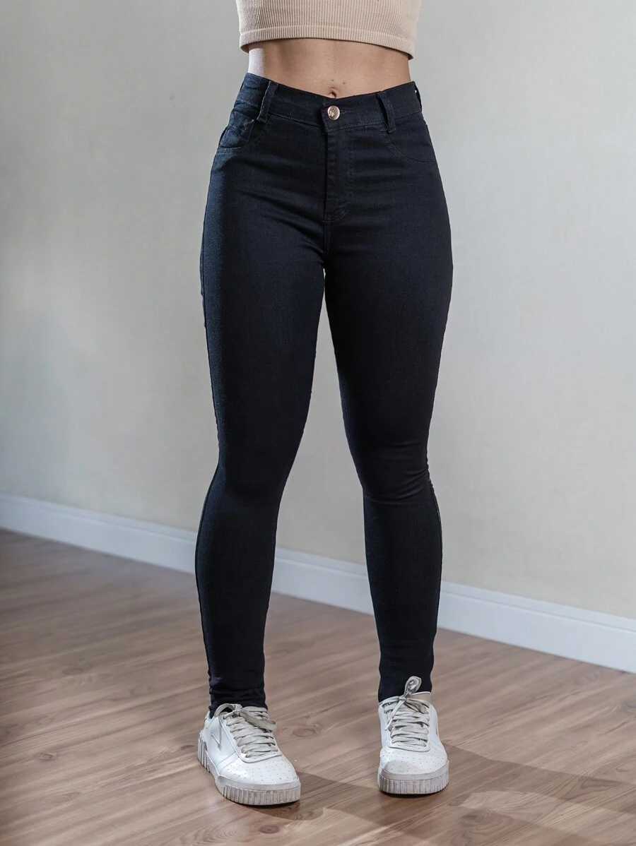 Calça Jeans Feminina Cintura Alta Tecido Encorpado Premium Muito Elastano Modela o Corpo Levanta Bumbum Confortável e Elegante Blogueira Moderna Lisa