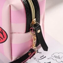 時尚PU八角形化妝包，印有唇印紋飾，女性旅行便攜式化妝包 - 1件裝 - 查看 9