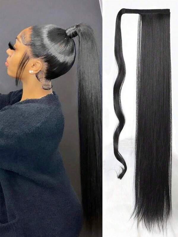 Black Ponytail Extensions 18-34 Inch Extra Long Straight Synthetic Wrap Around Ponytail For Women Party Daily Use