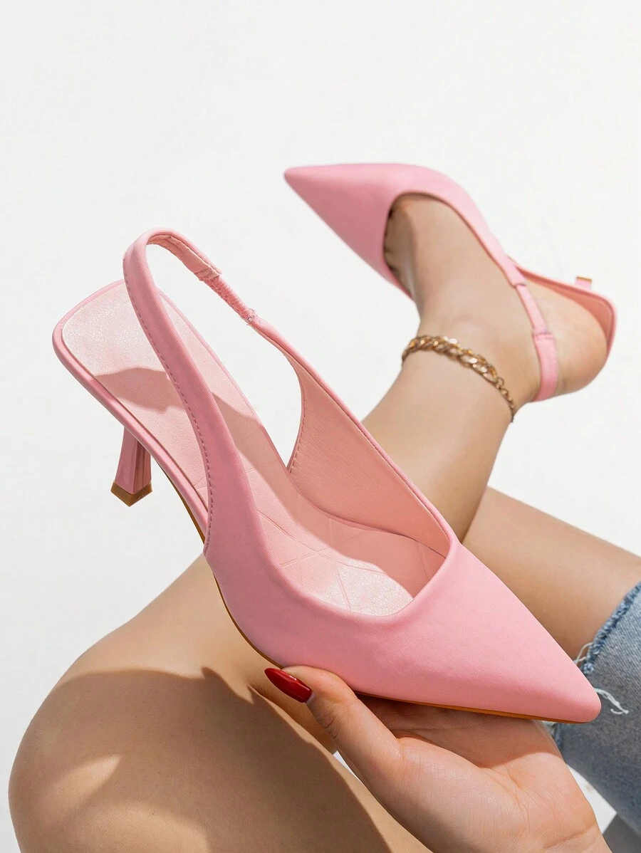 Giày cao gót mũi nhọn màu hồng dành cho nữ, kiểu slingback có quai hậu, chất liệu da lộn, thích hợp cho mùa xuân và mùa thu. - Hồng - Xem 1
