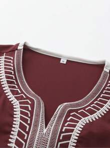 Men's Short Sleeve Embroidered Moroccan Style Robe, Casual Traditional Islamic Long Robe - Burgundy - View 5