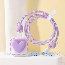 5-In-1 Purple Lovely 3D Heart TPU&PC Protective Case Set With Charger And Charging Cable Protectors Compatible With IPhone 18w20w - Purple - View 4