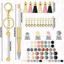 49pcs Keychain Set Including 2pcs Golden Keychains, 4pcs Ballpoint Pens With Colorful Beads, 25pcs Silicone Beads, 12pcs Tassels And 6pcs Lobster Claw Clasps For DIY Making Of Keychain, Pendant, Etc. Summer, School - Multicolor - View 4