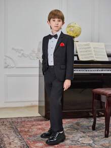 Toddler & Kids Boys Formal Suit Jacket, Tie, Uniform Outfit For Gentlemen, School Graduation Party, School Opening Season - Black - View 5