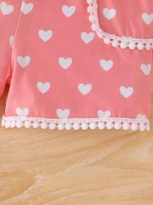 Young Girl 3-7 Years Old Set, Ruffle Hem Cap Sleeve Letter Top & Pink Heart Printed Shorts