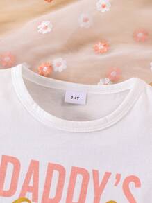 Young Girl 3-7 Years Old Set, Ruffle Hem Cap Sleeve Letter Top & Pink Heart Printed Shorts