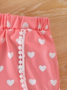 Young Girl 3-7 Years Old Set, Ruffle Hem Cap Sleeve Letter Top & Pink Heart Printed Shorts