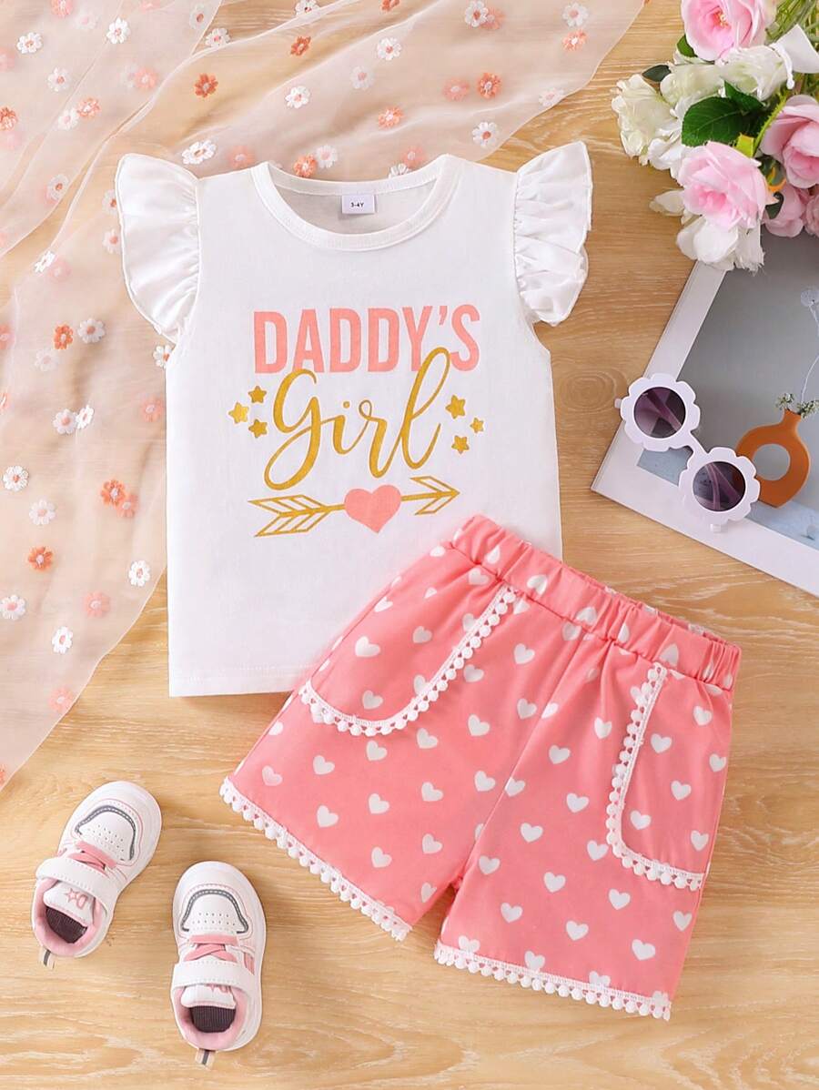 Young Girl 3-7 Years Old Set, Ruffle Hem Cap Sleeve Letter Top & Pink Heart Printed Shorts