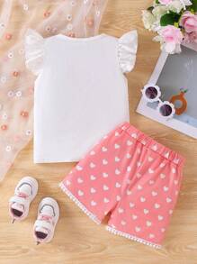 Young Girl 3-7 Years Old Set, Ruffle Hem Cap Sleeve Letter Top & Pink Heart Printed Shorts