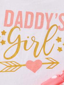 Young Girl 3-7 Years Old Set, Ruffle Hem Cap Sleeve Letter Top & Pink Heart Printed Shorts