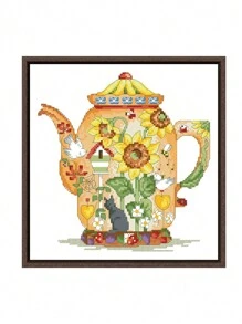 向日葵茶壺點綴十字繡套件，可用於裝飾牆面