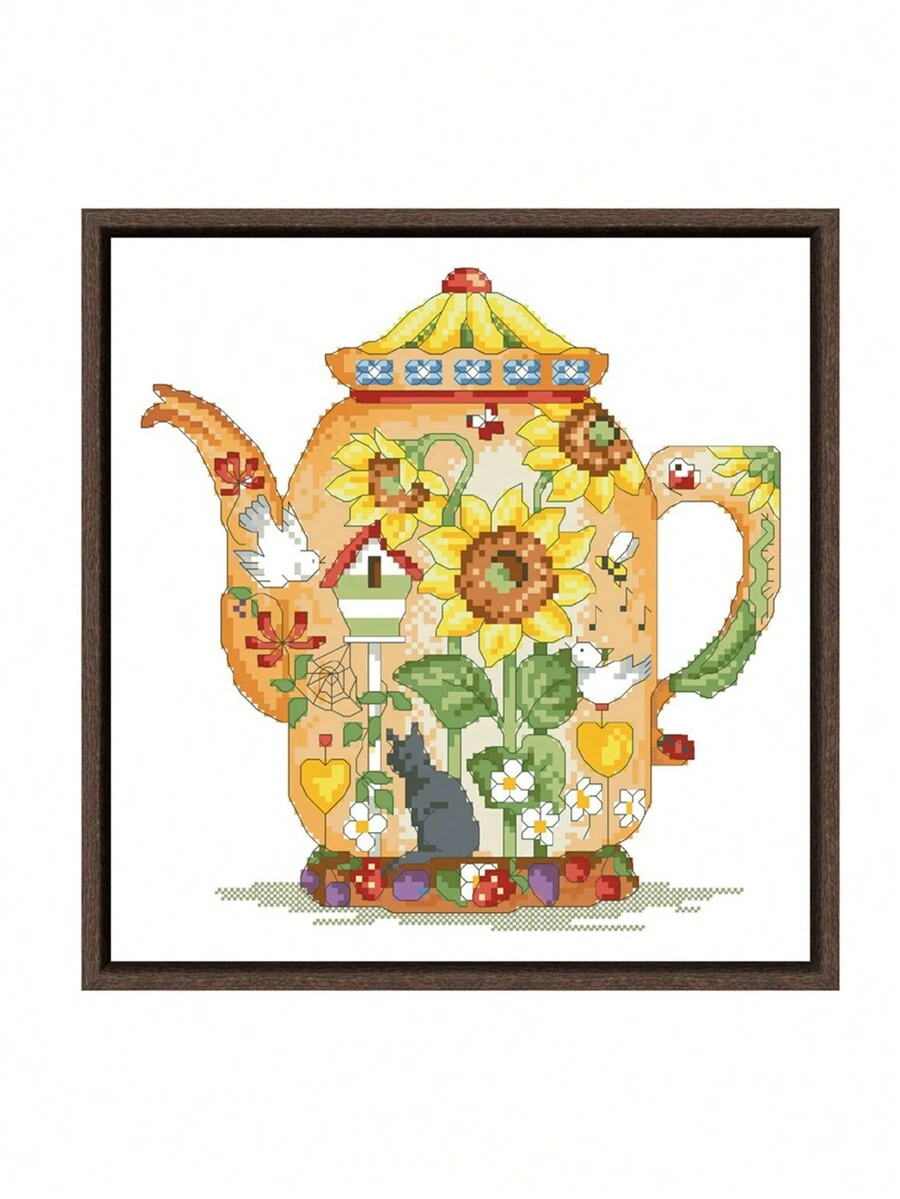 向日葵茶壺點綴十字繡套件，可用於裝飾牆面