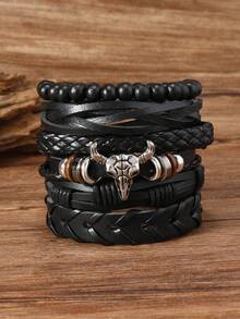 Western Cowboy Style Bull Head Men's Bracelet Set, Suitable For Daily Wear - Black - View 2
