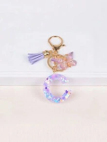 1pc Unique Purple Butterfly Tassel Snowflake Glitter Keychain With First Letter Charm, Summer Cool Gift For Friends - Mauve Purple - View 17