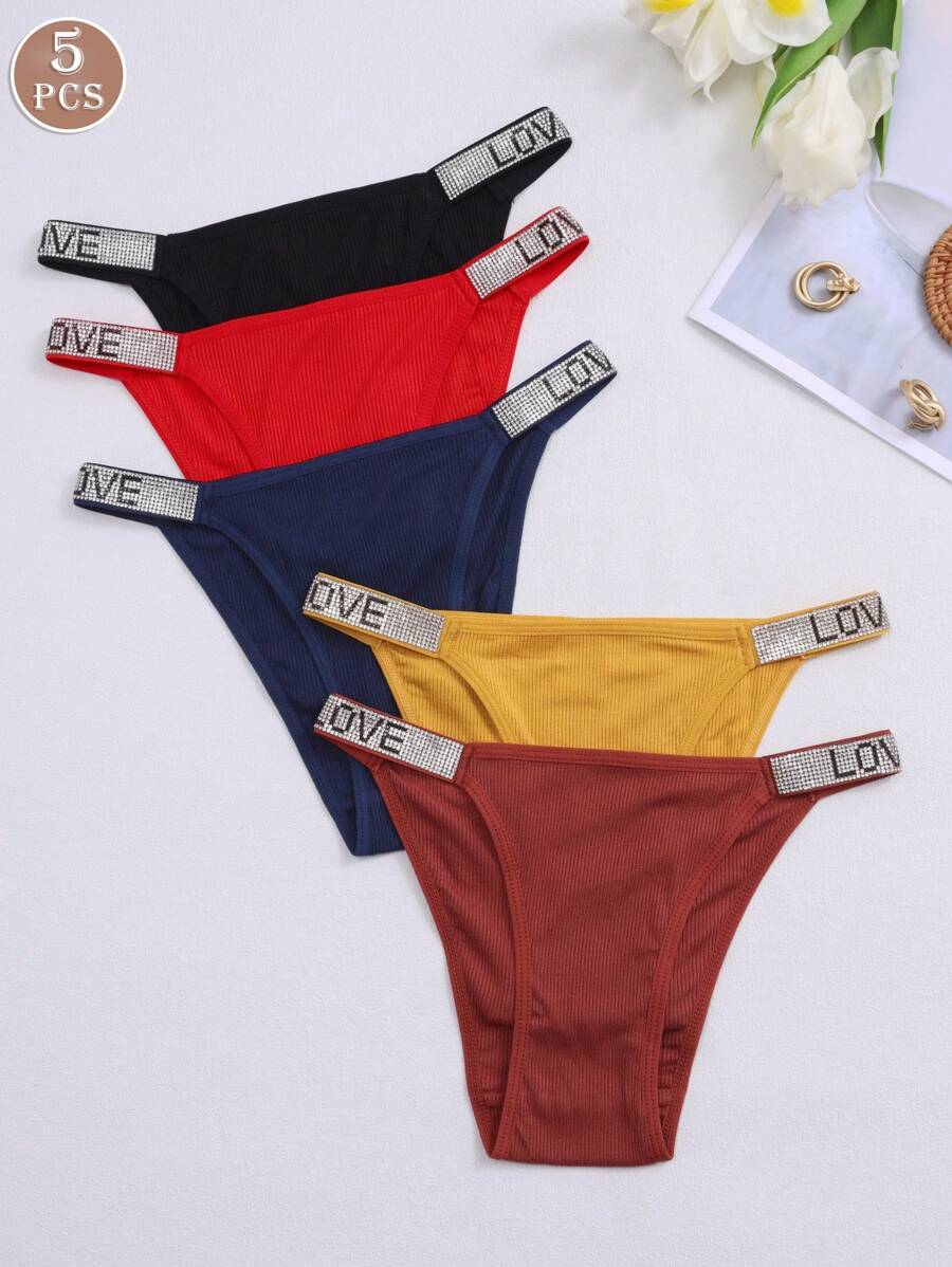 Conjunto de 5 piezas de ropa interior para mujer con patrón de letra incrustada con diamantes de imitación en forma triangular y cinturón para deportes