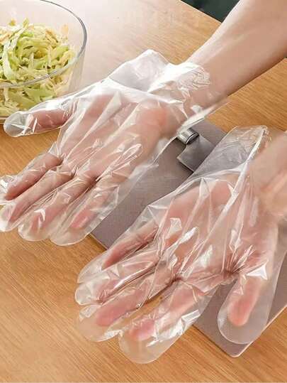 100入組戶外塑料手套，一次性清潔手套【一碼適合最佳】塑料手套 PE 耐用工作手套清潔烹飪花園程序