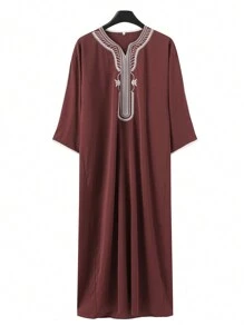 Men's Short Sleeve Embroidered Moroccan Style Robe, Casual Traditional Islamic Long Robe - Burgundy - View 3