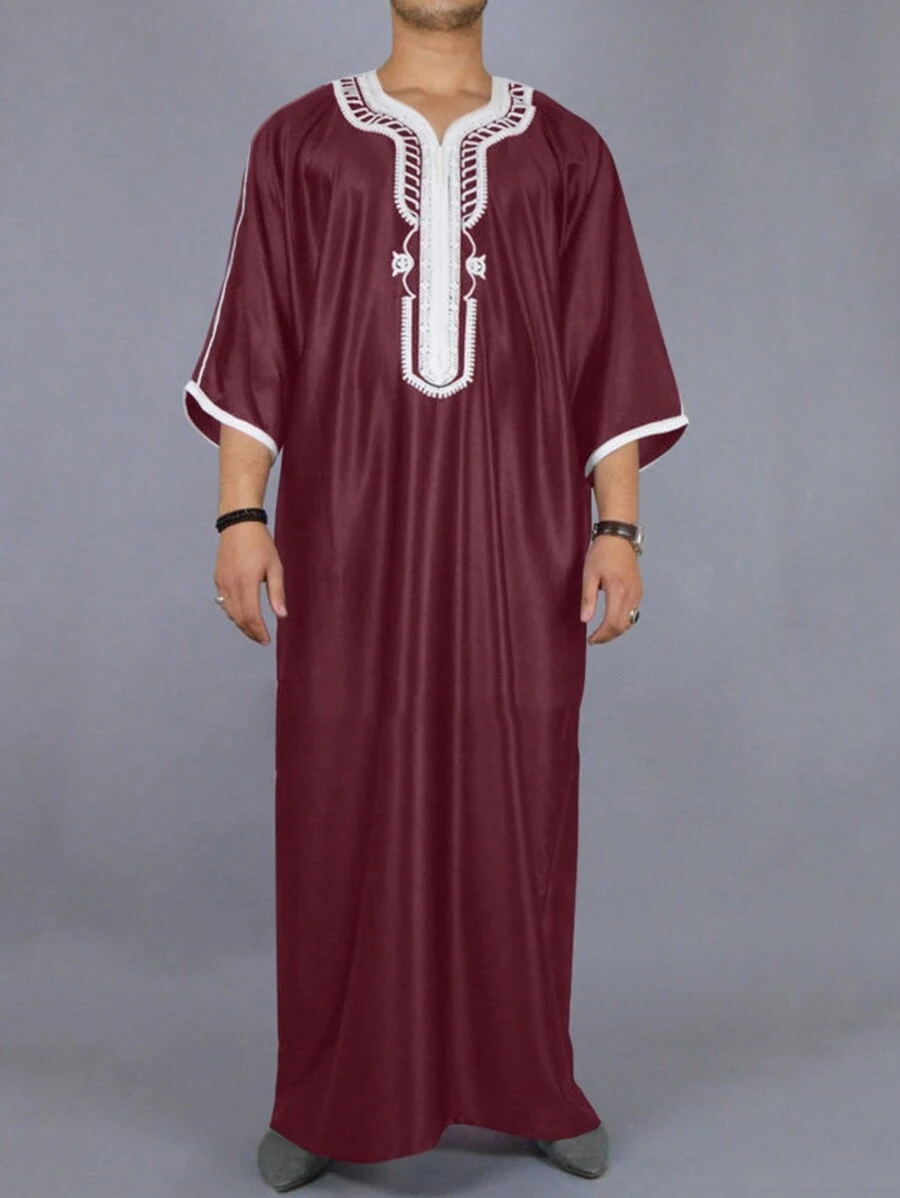 Men's Short Sleeve Embroidered Moroccan Style Robe, Casual Traditional Islamic Long Robe