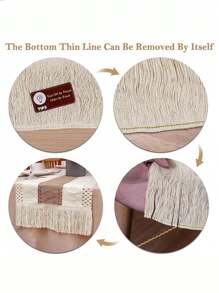 1pc Vintage Beige Tassel Decor Woven Table Runner, Polyester Kitchen Table Runner For Dining Table