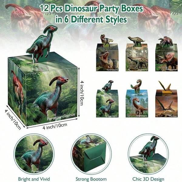 12 Piezas Cajas de Golosinas con Diseño de Dinosaurio, Caja de Regalo de Cumpleaños Temática de Dinosaurio, Caja de Cartón para Fiesta Tropical de la Jungla, Decoración y Suministros para Fiesta de Dinosaurios, Navidad