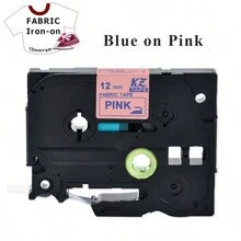 12mm*3m織帶熱轉印貼紙，兼容TZe-FA3 Tz FA231 TZe-FA3R TZe-FAE3貼紙，適用於Brother品牌標籤打印機P-Touch PT-H110 PT-E550W - 藍色字體粉紅色背景 - 查看 1
