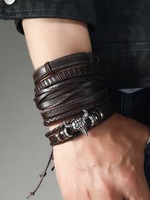 Western Cowboy Style Bull Head Men's Bracelet Set, Suitable For Daily Wear - Black - View 7