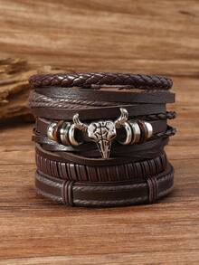 Western Cowboy Style Bull Head Men's Bracelet Set, Suitable For Daily Wear - Black - View 5