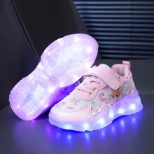 GUANGLAN 透氣網布 USB 充電 LED 發光鞋，春夏卡通運動鞋，附彩色燈光，適合幼兒、小童、青少年男孩女孩，配網布鞋帶，適用休閒、運動、厚底運動鞋、跑步與街舞，粉色跑鞋附馬兒奔跑 LED 燈，適合喜愛鬼步舞與街舞的嬰兒與兒童 - 粉色 - 查看 7