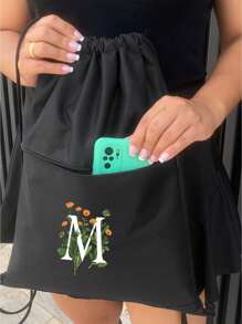 Mochila Saco Corda LETRA M Academia Esportiva Gym Bag Fitness Unissex Cordão Preto Sack Outline Nylon Resistente Sacochila - Preto - Visão 3