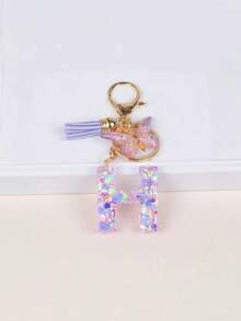 1pc Unique Purple Butterfly Tassel Snowflake Glitter Keychain With First Letter Charm, Summer Cool Gift For Friends - Mauve Purple - View 18