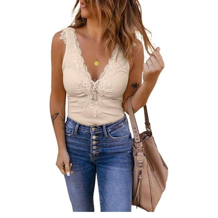 Womens Lace Patchwork Sexy Deep V Neck Knitted Vests Summer Camis Tank Tops - Khaki - View 1