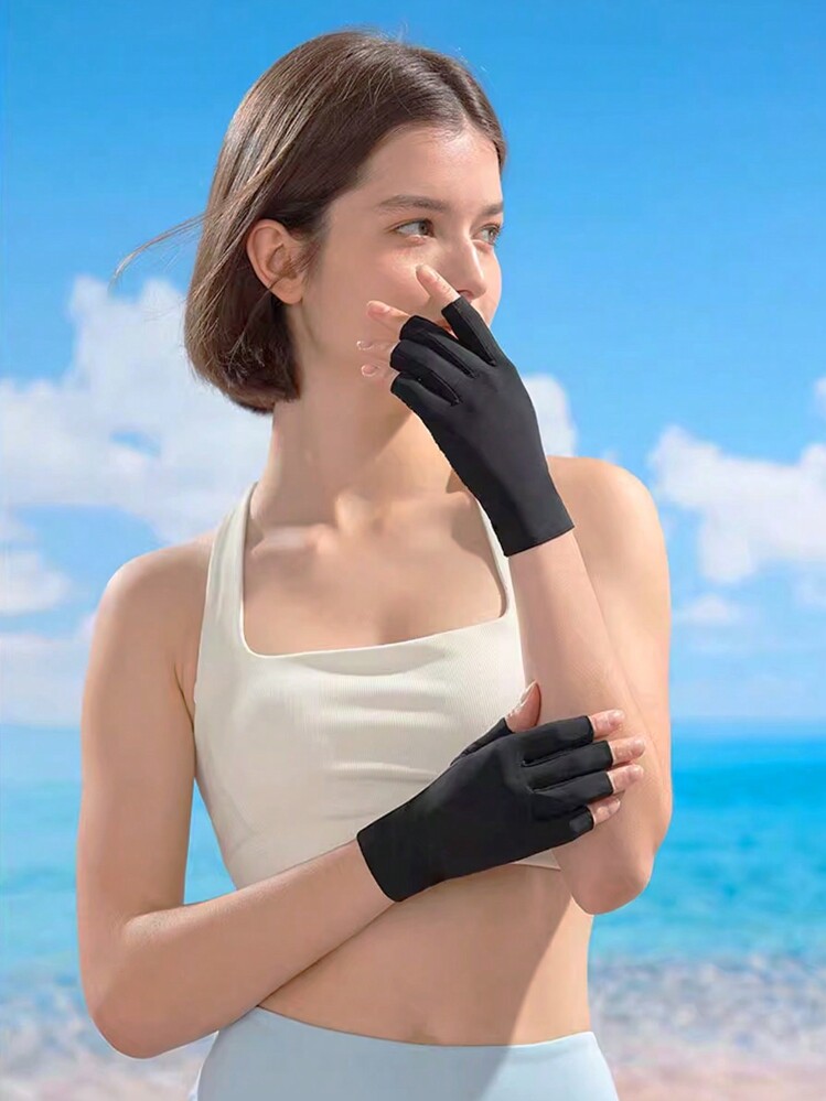 iwarm 1pair Women UV Protection Half Finger Gloves - Black - View 1
