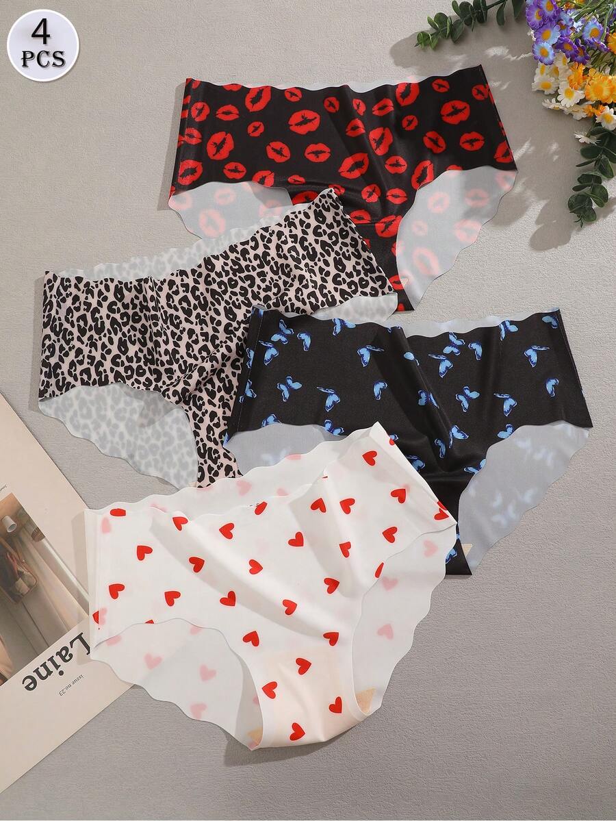 FINETOO 4入組印花時尚無痕縫跡全覆蓋女士三角褲，邊緣呈波浪形