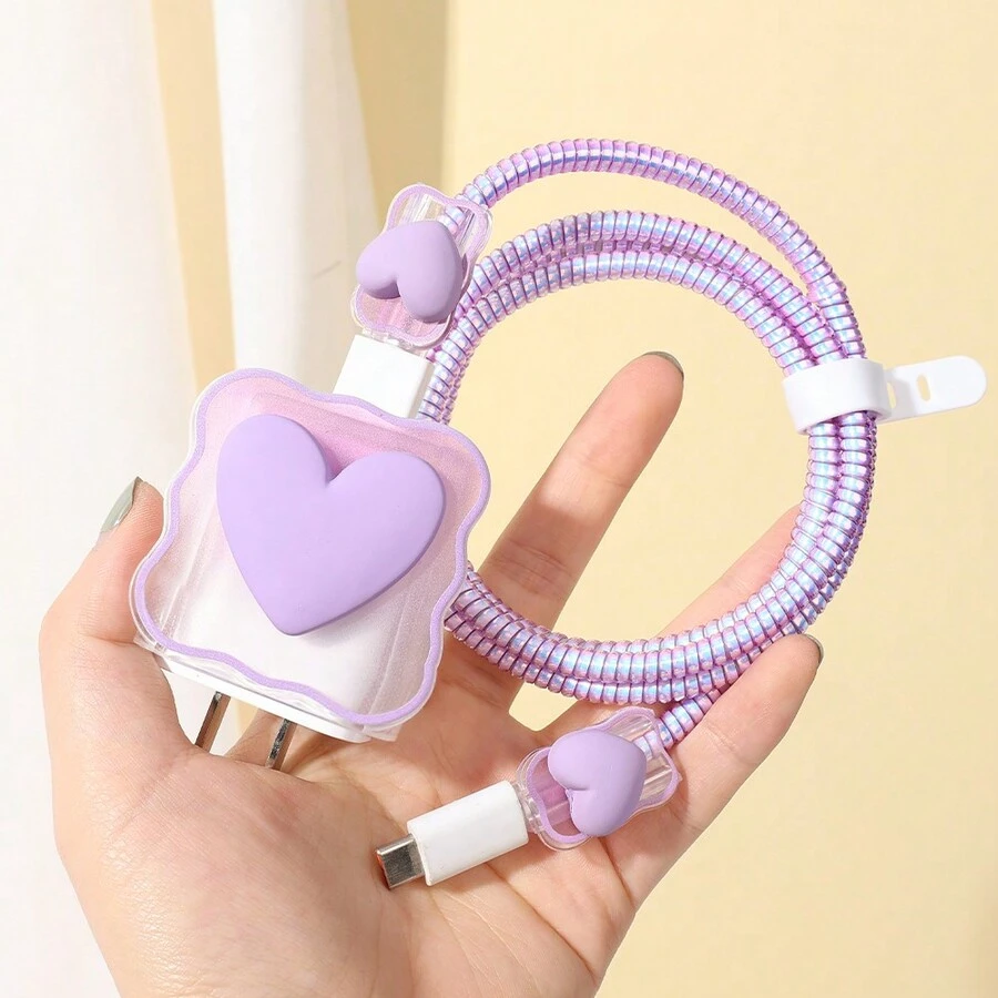 5-In-1 Purple Lovely 3D Heart TPU&PC Protective Case Set With Charger And Charging Cable Protectors Compatible With IPhone 18w20w - Purple - View 1