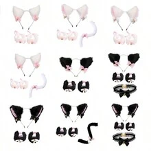 3pcCosplay Accessories Set Including Plush Cat Ears Headwear Gloves Tail Neck Chain With Bell Themed Party Cosplay Decorations - Black - View 5