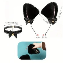 3pcCosplay Accessories Set Including Plush Cat Ears Headwear Gloves Tail Neck Chain With Bell Themed Party Cosplay Decorations - Black - View 2