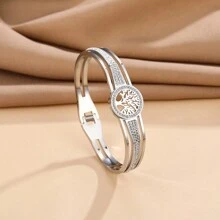 1pc 18K Gold-Plated Vacuum Plating 304L Stainless Steel Bracelet With Tree Of Life Design And Glass Drill, Suitable For Women's Daily Wear, Ins Style, Summer - Style 1 - View 5
