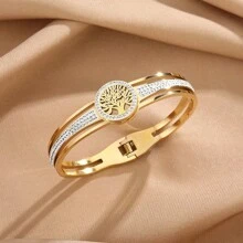 1pc 18K Gold-Plated Vacuum Plating 304L Stainless Steel Bracelet With Tree Of Life Design And Glass Drill, Suitable For Women's Daily Wear, Ins Style, Summer - Style 1 - View 4
