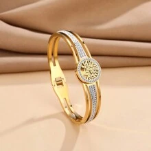 1pc 18K Gold-Plated Vacuum Plating 304L Stainless Steel Bracelet With Tree Of Life Design And Glass Drill, Suitable For Women's Daily Wear, Ins Style, Summer - Style 1 - View 6