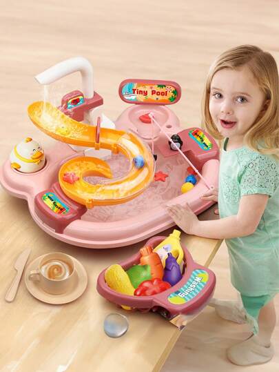 Juego de Pesca Magnético para niños,Juego de Fregadero de Cocina con Agua Corriente,2 in 1,Juguete de 20 Piezas para niños y niñas,Juguetes de Cocina para niños