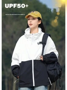 夏季运动 MUNZ 女款户外拼色宽松轻薄防晒连帽夹克 - 黑色 - View 1