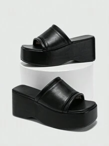 Women's Platform Wedge Open Toe Slip-On Mules, Casual Vacation Student Leather Summer Breathable High Heel Sandals - Black - View 5
