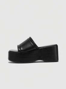 Women's Platform Wedge Open Toe Slip-On Mules, Casual Vacation Student Leather Summer Breathable High Heel Sandals - Black - View 3